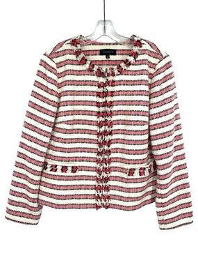 Talbots Tweed Fringe Striped Zip Up Blazer Jacket Size 14